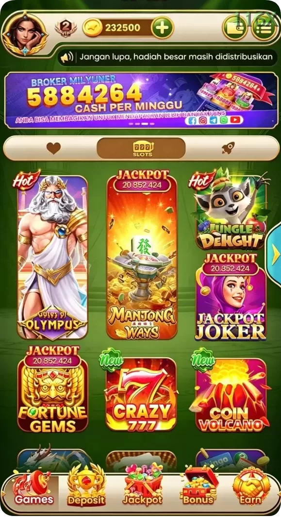 Cuplikan layar FB168 — menu navigasi
